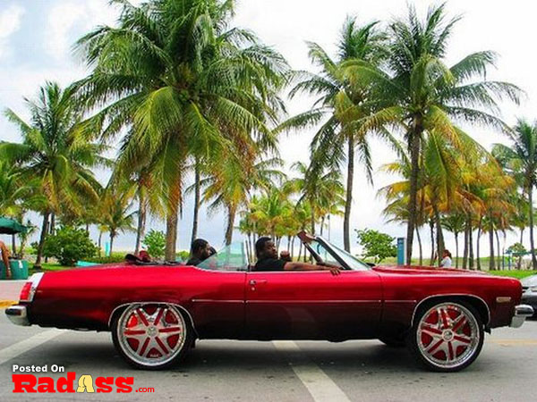 A red convertible car parked in front of palm trees, camouflaged.