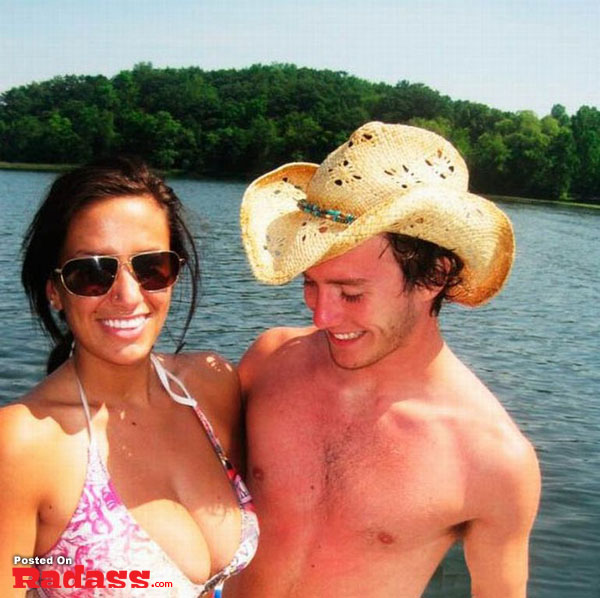 A woman in a bikini standing next to a man in a cowboy hat, showcasing popular bikini fashion.