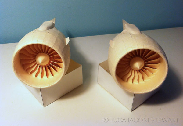 A mind-blowing model airplane by Luca Iaconi-Stewart featuring paper jet engines.