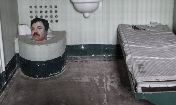 A room with a bed and a toilet transforms as El Chapo gets his day in Photoshop.