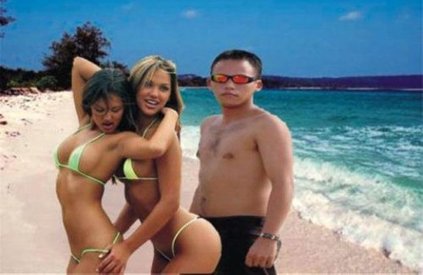 A man with killer Photoshop skills standing next to a woman on the beach.
