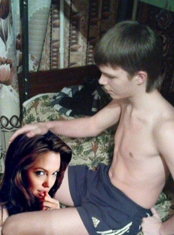 A man, using his killer Photoshop skills, sits with Angelina Jolie on a bed.