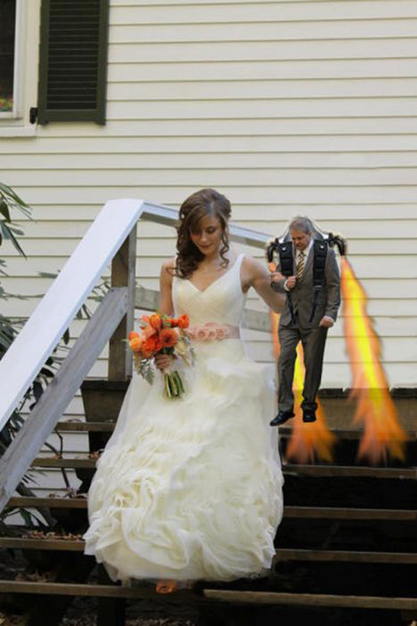 A bride and groom in a wedding dress walking down stairs in a "That's So Photoshopped" style.