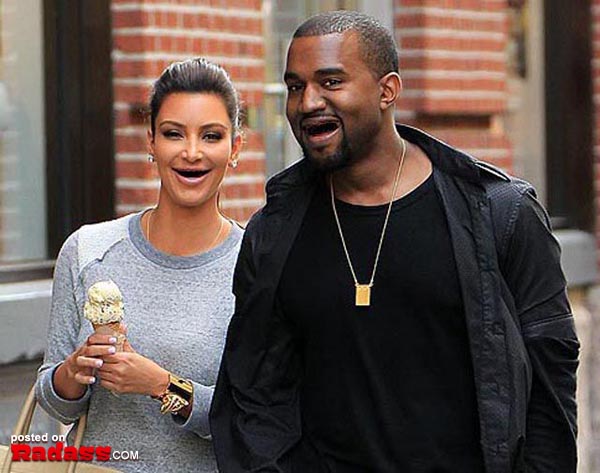 Kim Kardashian and Kanye West, toothless celebrities, walking down the street.