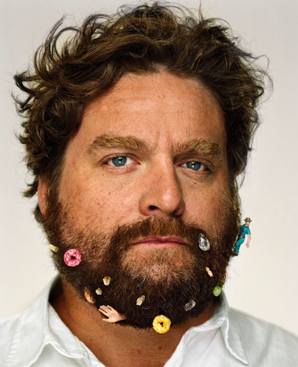 Martin Schoeller's comedic portrait series features individuals with beards adorned with donuts, resulting in hilarious images.