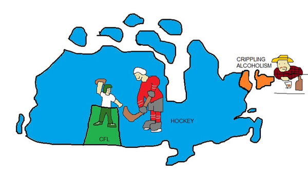 A cartoon map of Canada depicting a couple.
