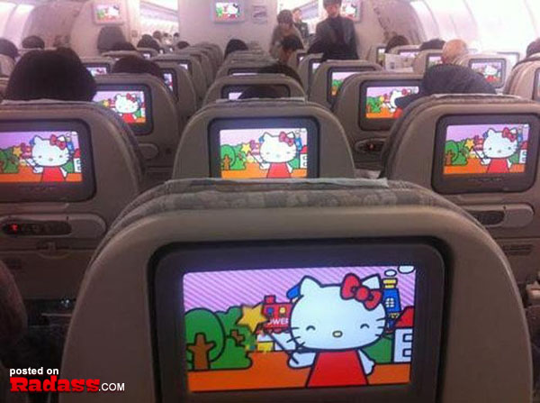 Bizarre Japan: Hello Kitty TV screens featured on an airplane.