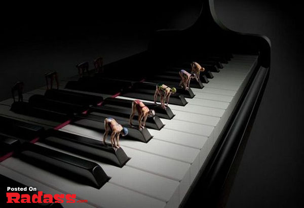 A group of people standing on top of a piano, enhanced by photoshop.