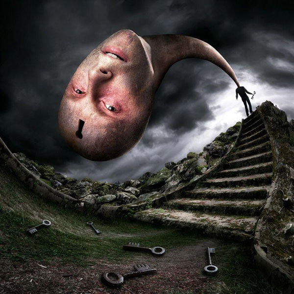 An insane image of a man on a staircase, showcasing Christophe Kiciak's Photoshop skills.