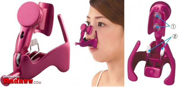 A woman is using a pink nose piercing device in WTF Japan.