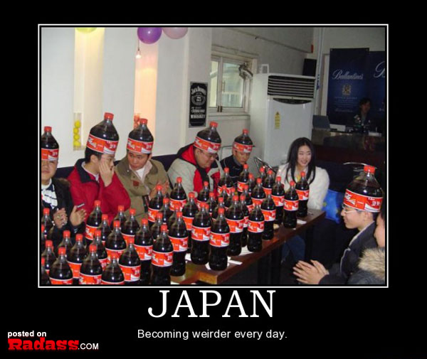 A bizarre scene of people seated at a table with Coca Cola bottles in WTF Japan.