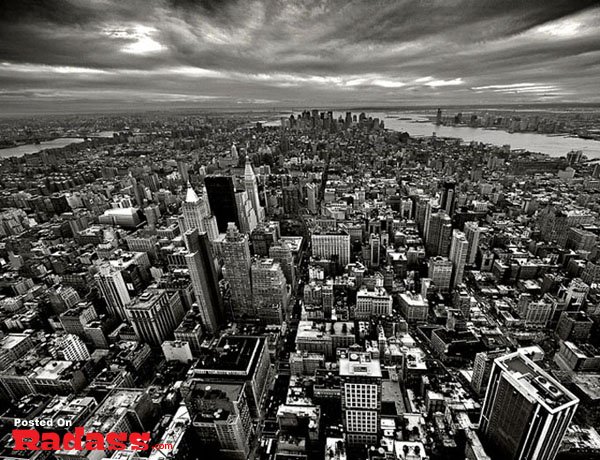 A monochrome photograph capturing the urban landscape of Manhattan.