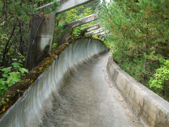 A concrete stairway in the middle of a wooded area, showcasing one of the 32 abandoned places in the world you should see.