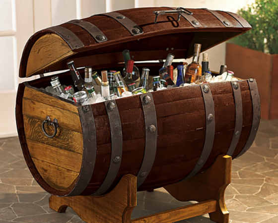 A barrel filled with bottles for the perfect mancave.