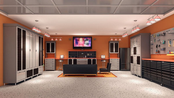 A garage with an abundance of cabinets and a tv, known as one of the World's Greatest Basement Caves.