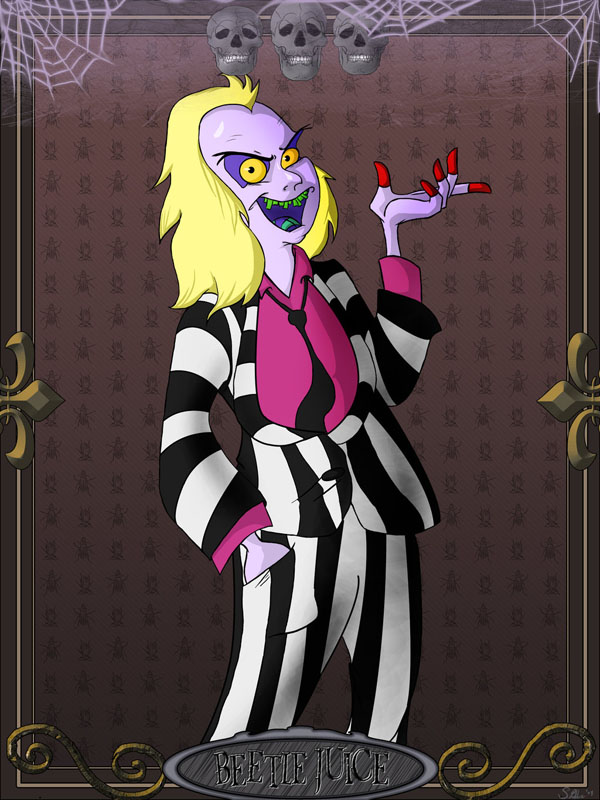 A cartoon character in a striped suit holding a skeleton, featured in 80s and 90s kids cartoons.