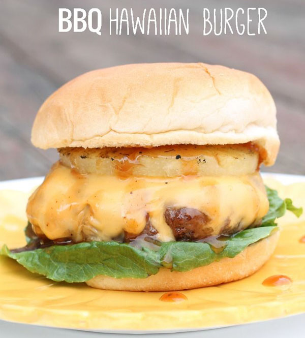 Hawaiian-inspired BBQ burger presentation.