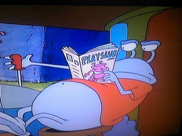 A cartoon character is reading a book on a TV screen, filled with hidden dirty jokes.