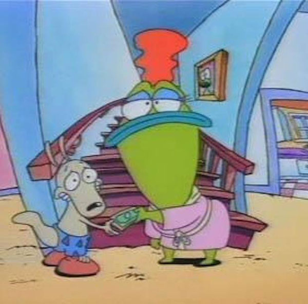 A cartoon character is standing in front of a hidden staircase.