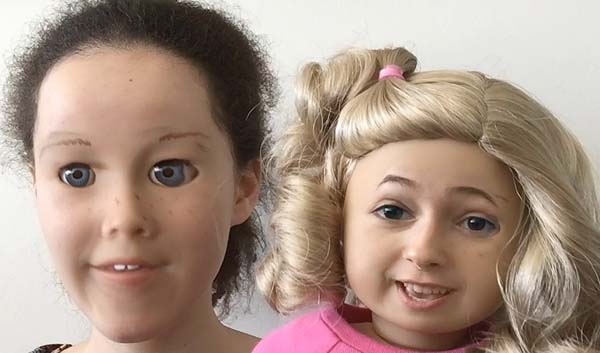A girl and a doll pose in front of a mirror, creating a chilling scene reminiscent of the most disturbing face swaps of all time.