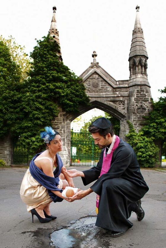 A man holding a woman's hand, embracing them.