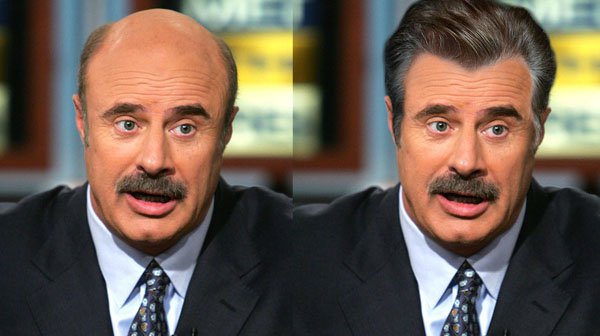 Two pictures of a man with a mustache and a beard, showcasing famous bald celebrities with hair in 14 photos.