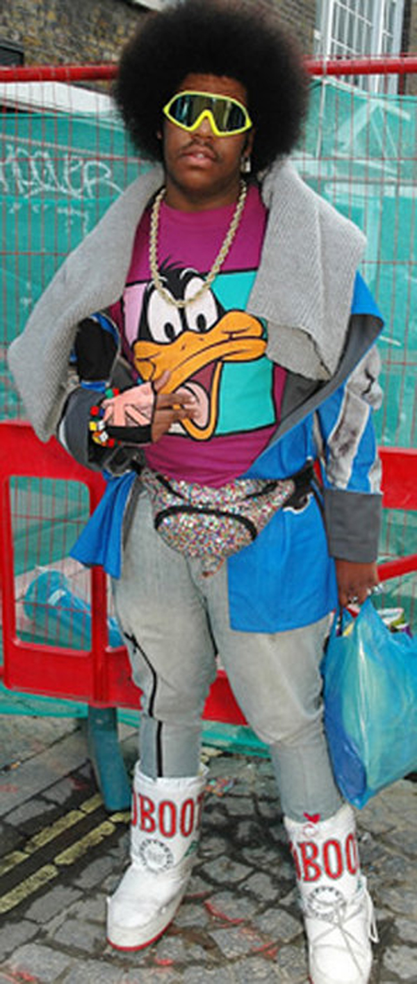 A hipster wearing a cartoon character garment.