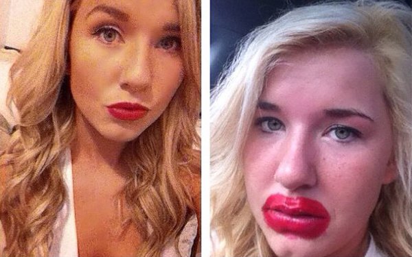 Two pictures of a woman with red lipstick on her lips.