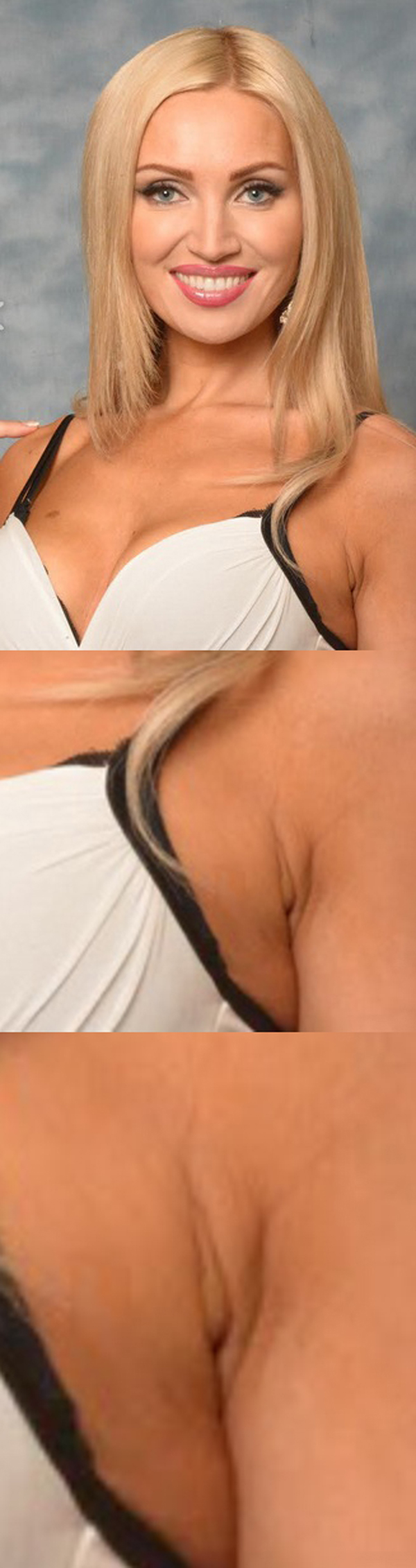 A photo of a woman with a cleavage.