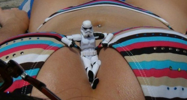 Star wars stormtrooper on a woman's bikini with a twist of humor.