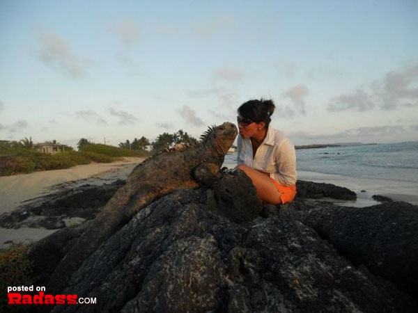 A woman is petting an iguana on the beach, but I would date her if she wasn't involved with reptiles.