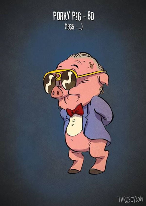 A cartoon of a pig wearing sunglasses and a suit that showcases If Cartoon Characters Looked Their Age.