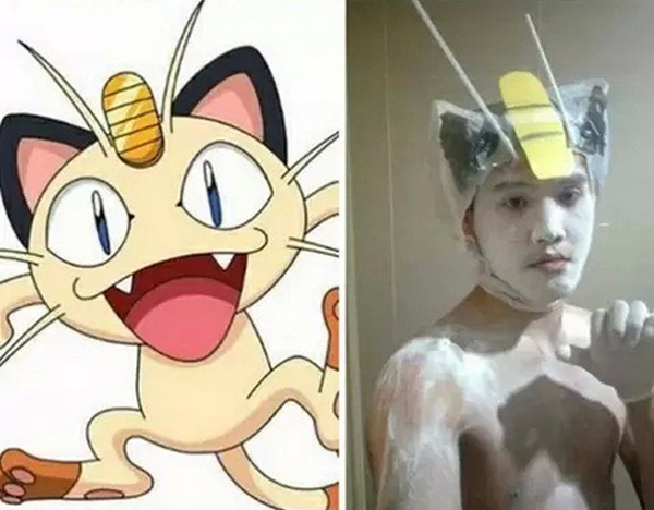 A man's low-cost cosplay of a Pokemon and a cat brings joy to the internet.