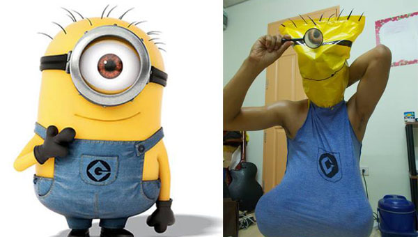Low-Cost Cosplay: Pictures of a woman and man dressed as minions.