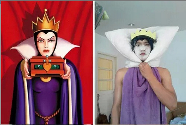 Two low-cost cosplay pictures of a man dressed up as Snow White.