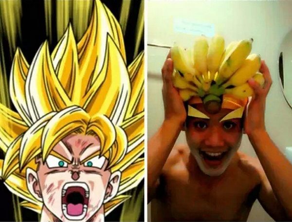 A man's low-cost cosplay featuring bananas on his head.