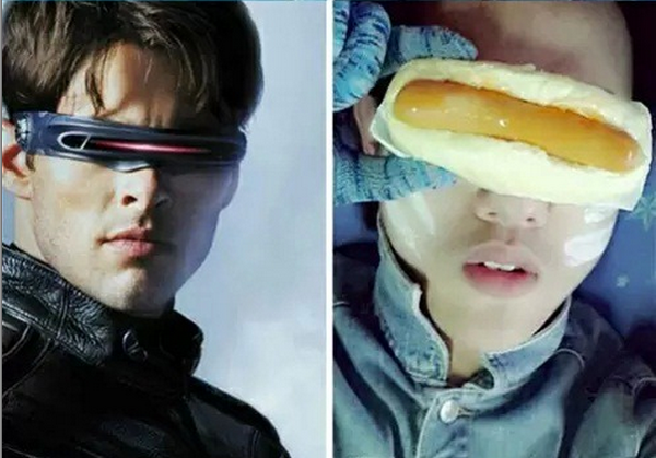 One picture of a man with glasses and a hot dog, showcasing low-cost cosplay.