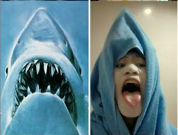 A man's low-cost cosplay with a shark's mouth brings joy to the internet.