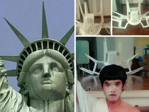 This Guy's Low-Cost Cosplay creatively reimagines the Statue of Liberty using plastic chairs.