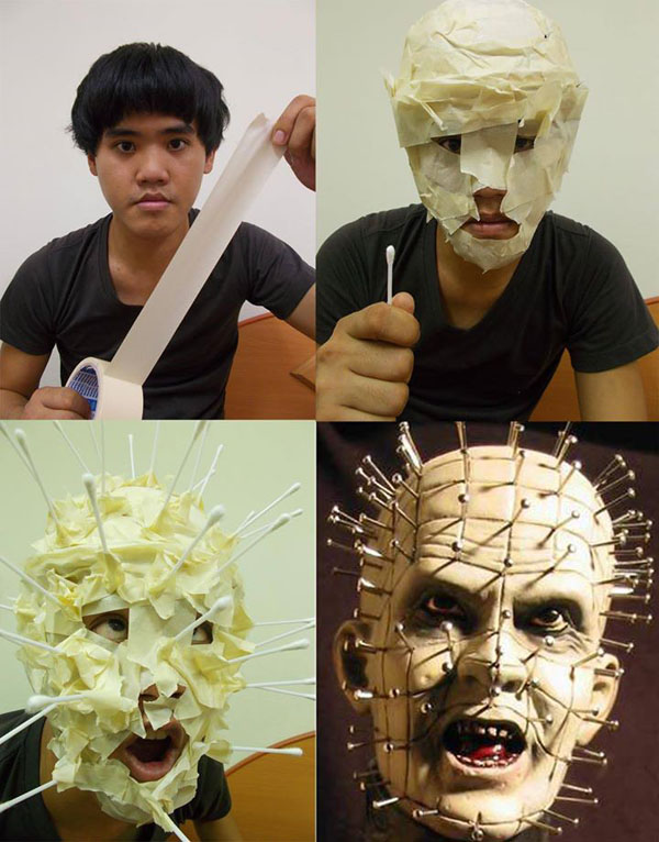 A man's low-cost cosplay brings joy to the internet with his creative mask made of pins.