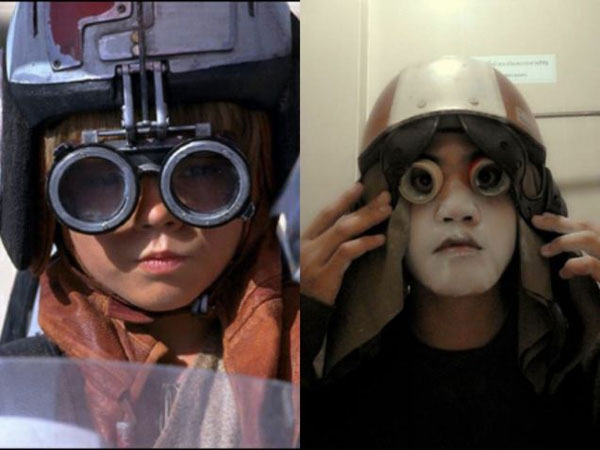 Low-cost cosplay of a boy with helmet and goggles enhances the internet.