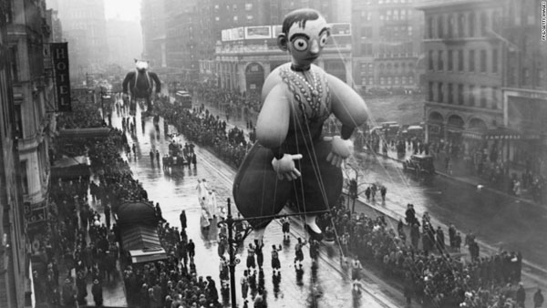 A large balloon shaped like a man in the Macy's Day Parade.