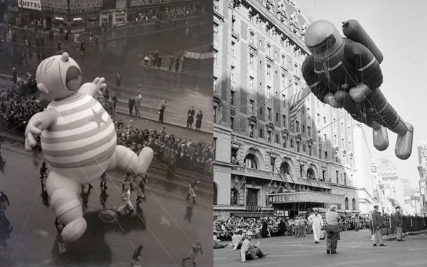 An old photo of a balloon flying in the air during Macy's Day Parade.