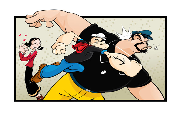 Sometimes “Old School” Beats the Hell Out of “New School” - A cartoon featuring a man and woman engaged in a heated fight.