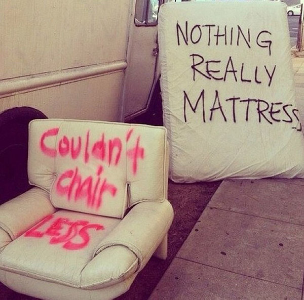 A chair with a sign that says That's So Pucking Punny.