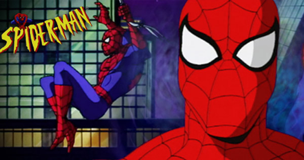 An animated spider-man in front of a building, from the 90s & 80s.