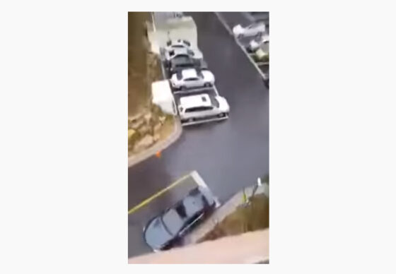 A police car is parked in a parking lot while a wife tosses a sandwich several stories down to her husband who forgot lunch.