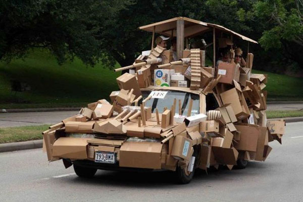 A WTF car constructed from cardboard boxes.