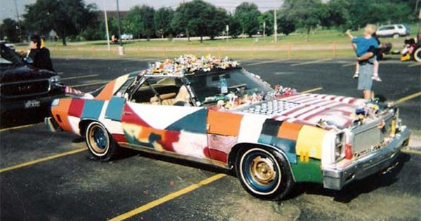 A car with WTF colorful decorations.