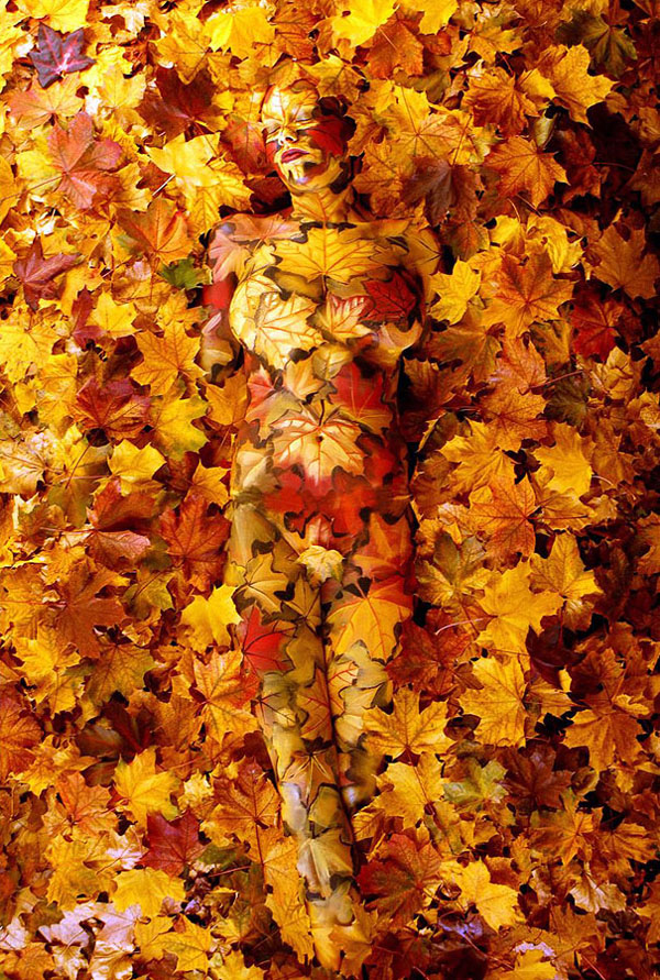 An image of a woman surrounded by incredible autumn leaves body art illusions by Johannes Stoetter.